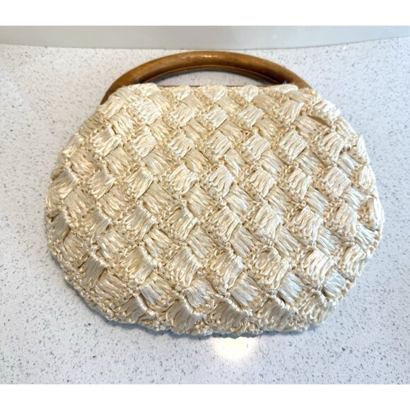 Handbags - Vintage Purse Woven Straw Raffia Handbag Floral Wooden Handle Cream 1960's